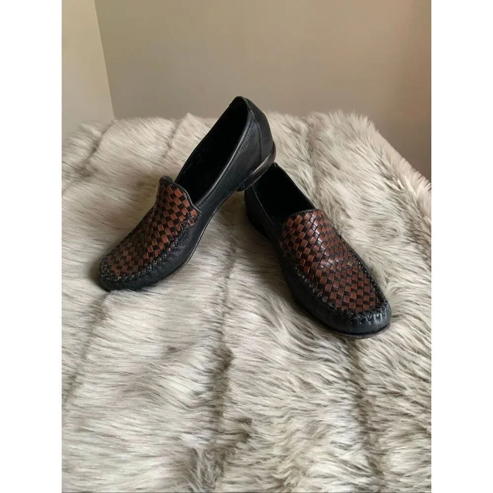 Cole Haan Loafers Woven Black Brown Leather Round Toe Slip On Shoes 7 1/2B